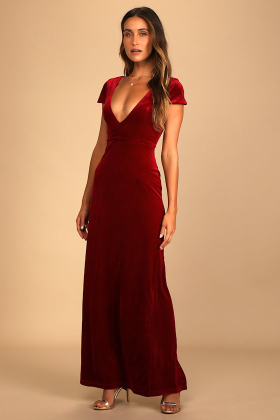 Feeling Flawless Wine Red Velvet V-Neck Maxi Dress 5