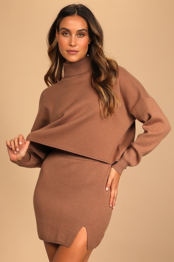 Snuggly Set Taupe Turtleneck Two-Piece Sweater Dress