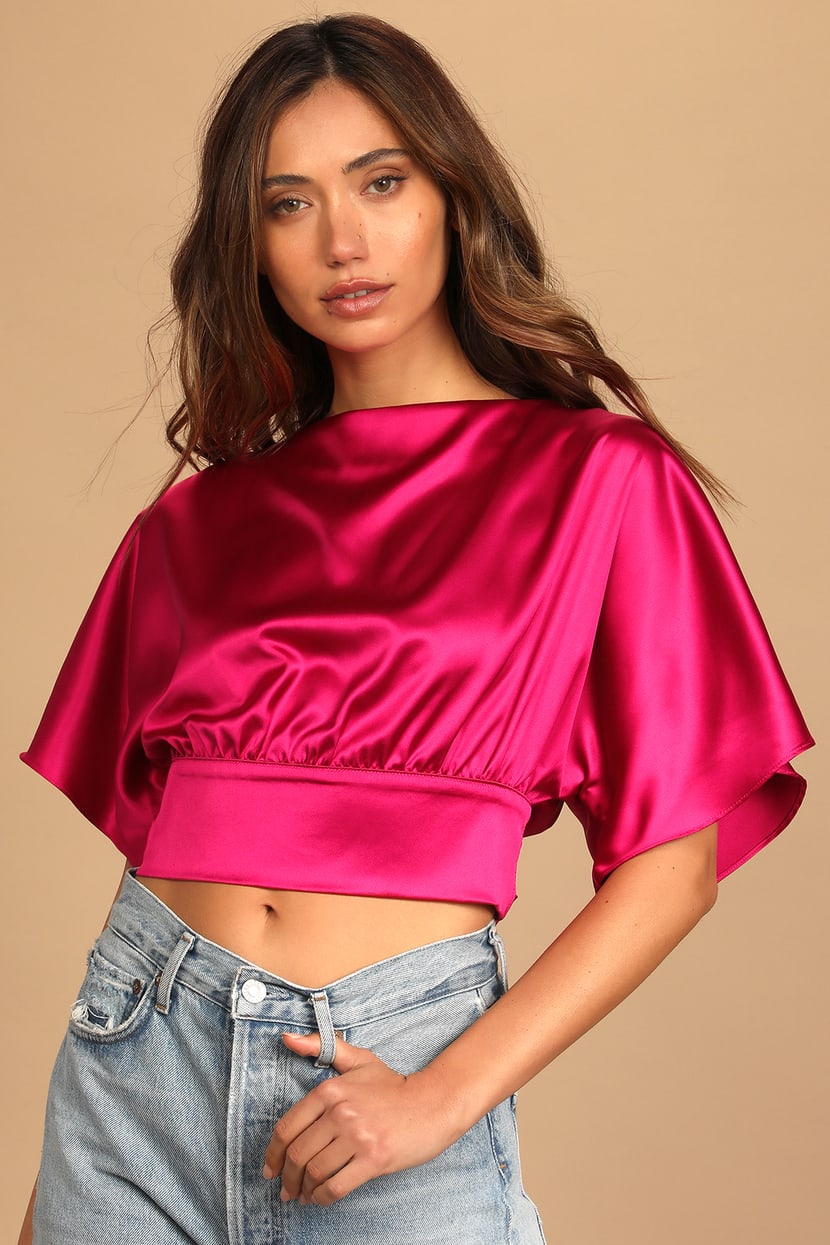 Hot Pink Satin Top - Short Sleeve Crop Top - Tie-Back Top - Lulus