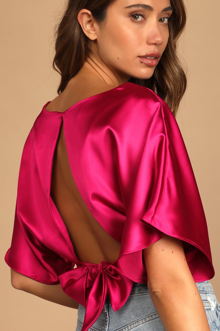 Upgrade to Chic Hot Pink Satin Tie-Back Crop Top