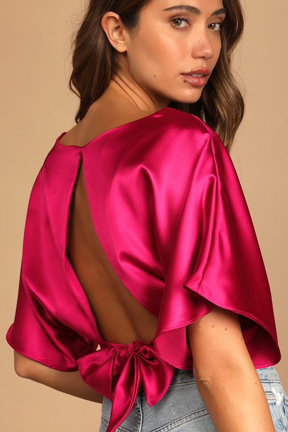 Upgrade to Chic Hot Pink Satin Tie-Back Crop Top 3