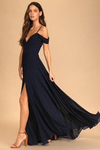 Spread the Romance Navy Blue Lace Off-the-Shoulder Maxi Dress