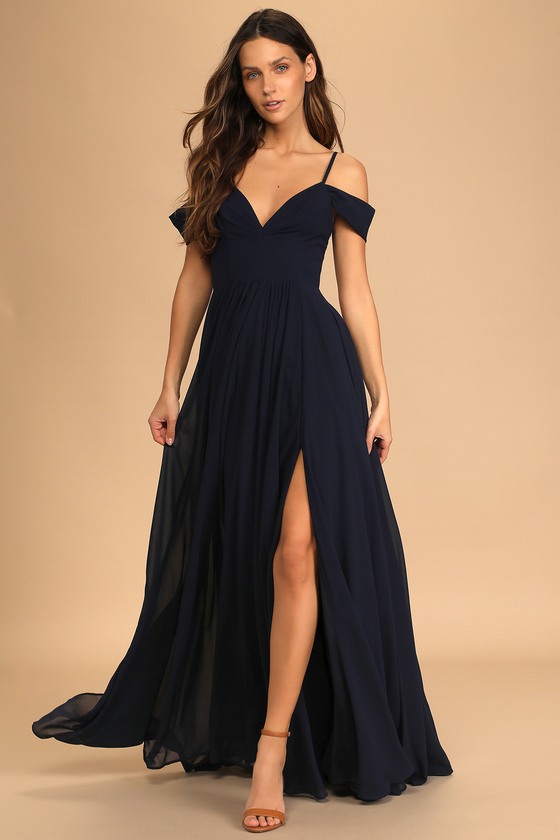 Navy Blue Dress - Lace Back Maxi Dress - Off-the-Shoulder Dress - Lulus