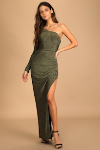 Precious Prize Gold Metallic One-Shoulder Long Sleeve Maxi Dress 1