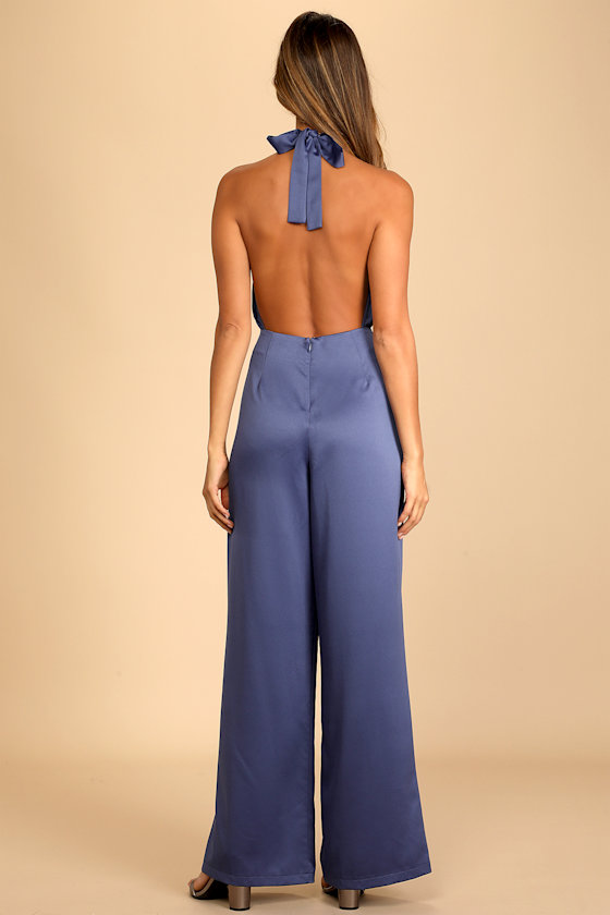 Jump Into Style Dark Blue Satin Halter Wide-Leg Jumpsuit 1