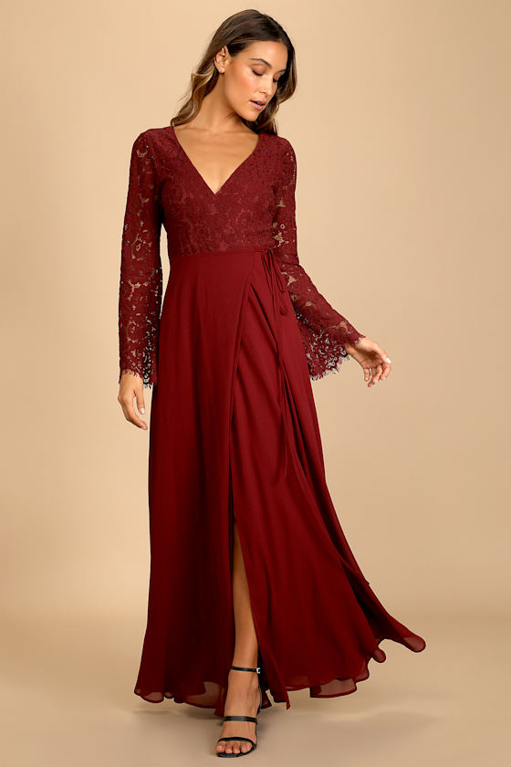 Utterly In Love Burgundy Lace Long Sleeve Wrap Dress 5