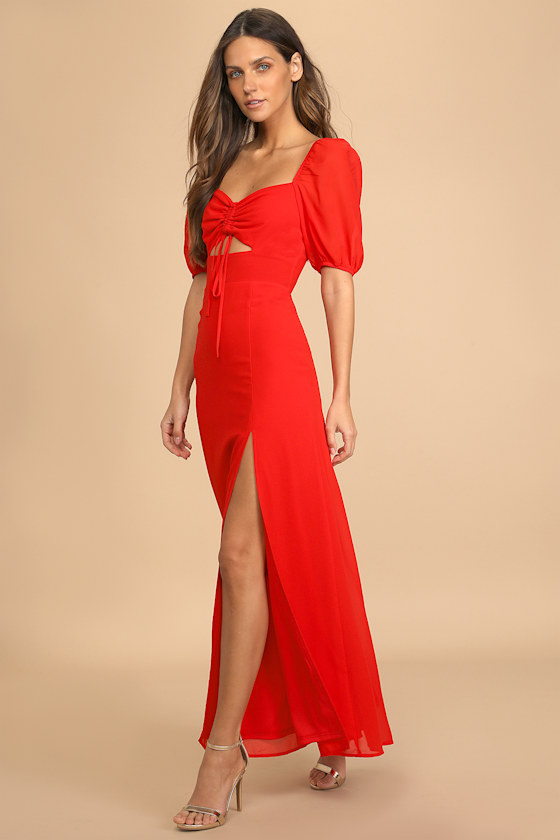 Red Maxi Dress Puff Sleeve Dress Ruched Maxi Dress Lulus