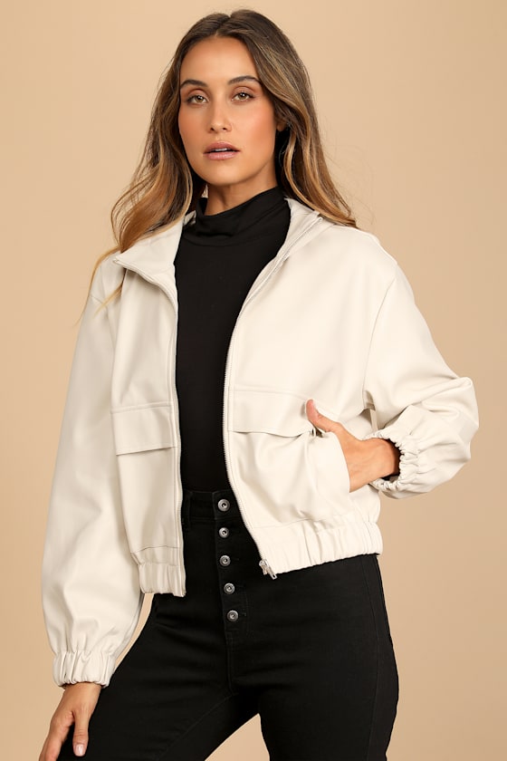 Atomic Off White Vegan Leather Bomber Jacket 6