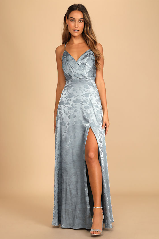 Radiant Refinement Slate Blue Satin Jacquard Maxi Dress 4