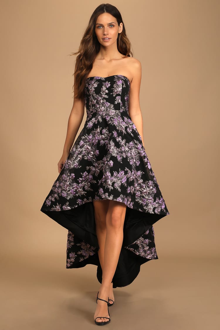 Black Floral Dress - Jacquard High-Low Dress - Strapless Gown - Lulus