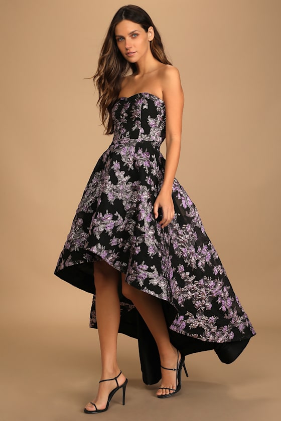 All Romance Black Floral Jacquard Strapless High-Low Dress 1