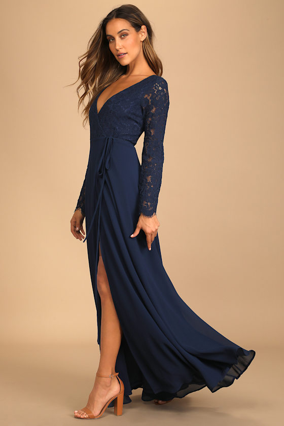 Utterly In Love Navy Blue Lace Long Sleeve Wrap Dress 5