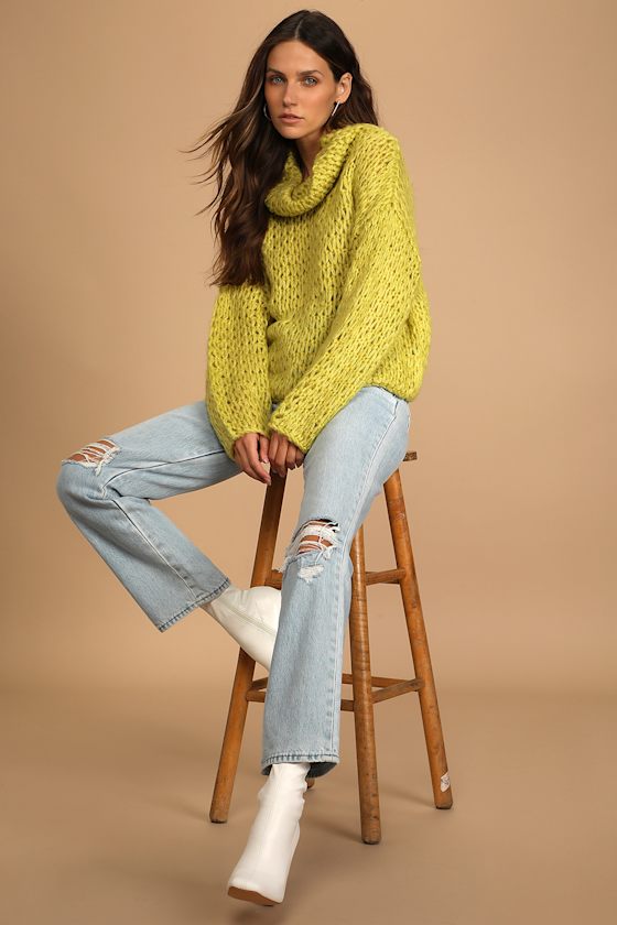 Chartreuse Knit Sweater - Turtleneck Sweater - Pullover Sweater - Lulus