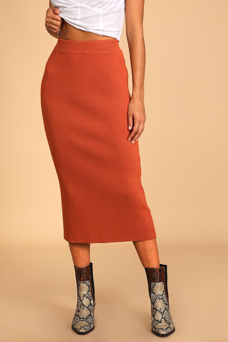 Cute Rust Orange Skirt - Sweater Skirt - Midi Skirt - Lulus