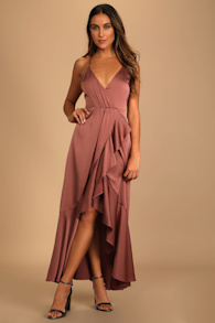 Enchanted Moments Mauve Pink Satin Ruffled High-Low Dress 5