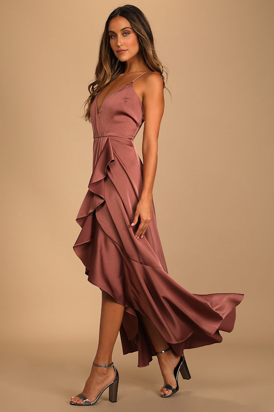 Enchanted Moments Mauve Pink Satin Ruffled High-Low Dress 6