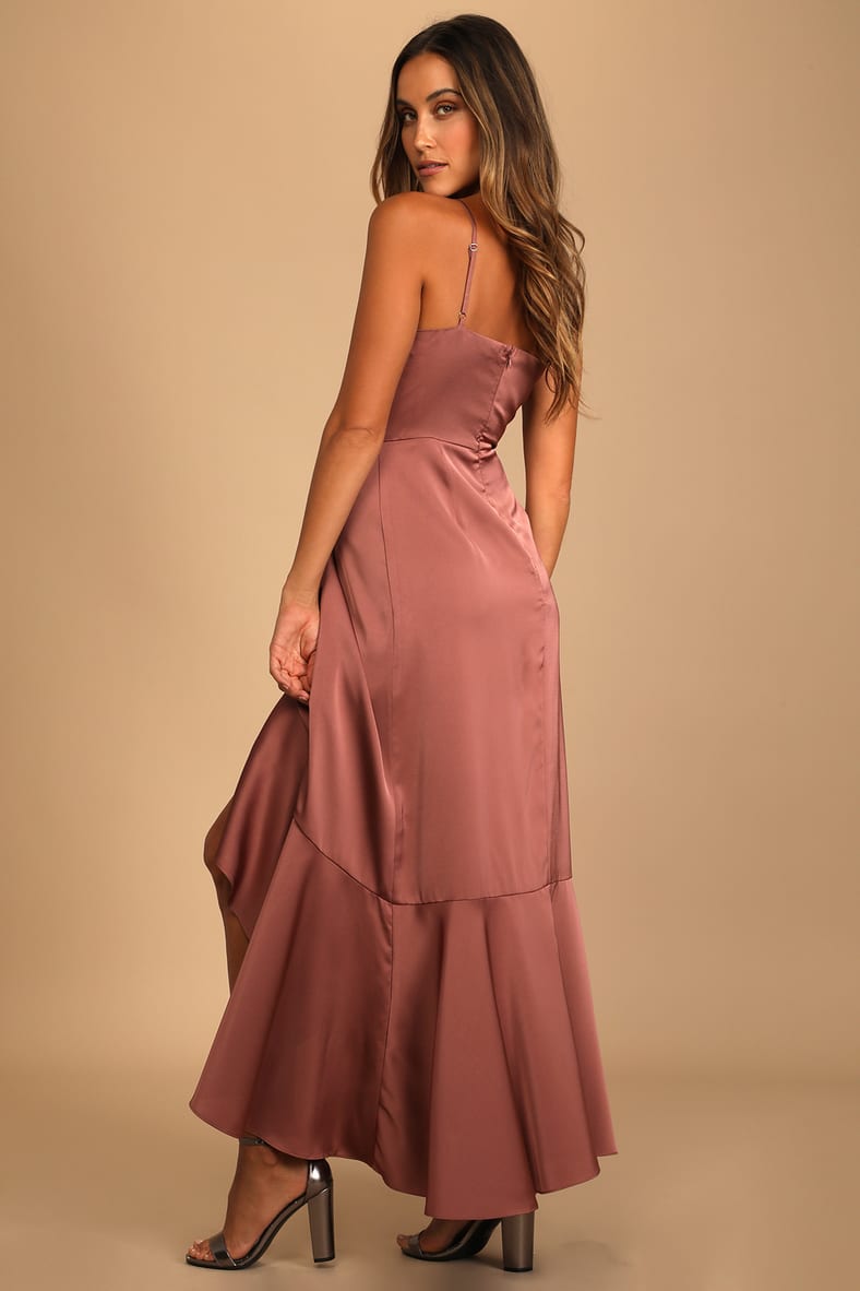 Enchanted Moments Mauve Pink Satin Ruffled High-Low Dress