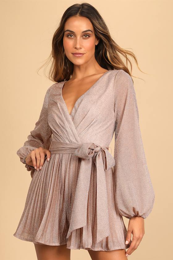 Luxurious Looks Blush Pink Metallic Pleated Long Sleeve Romper 3