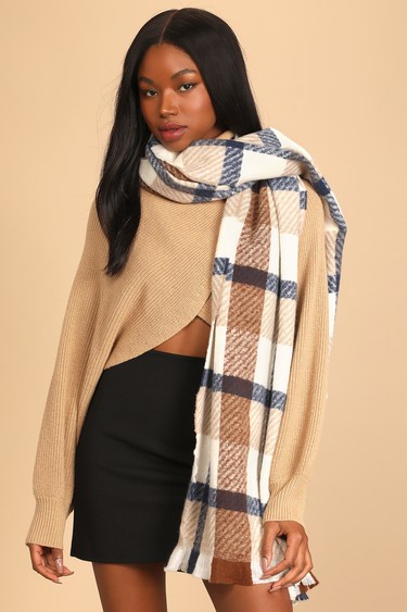 Warm Up With Me Ivory Multi Plaid Oversized Scarf