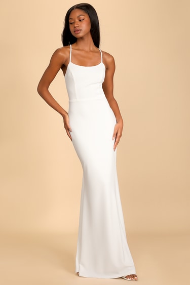 Resplendent Love White Lace Button-Back Mermaid Maxi Dress