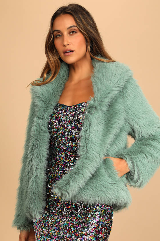 Dazzling Diva Mint Green Faux Fur Collared Jacket 3