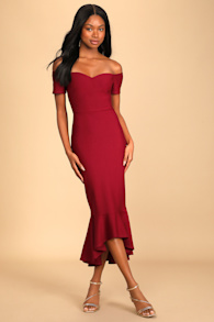 How Much I Care Wine Red Off-the-Shoulder Midi Dress 5
