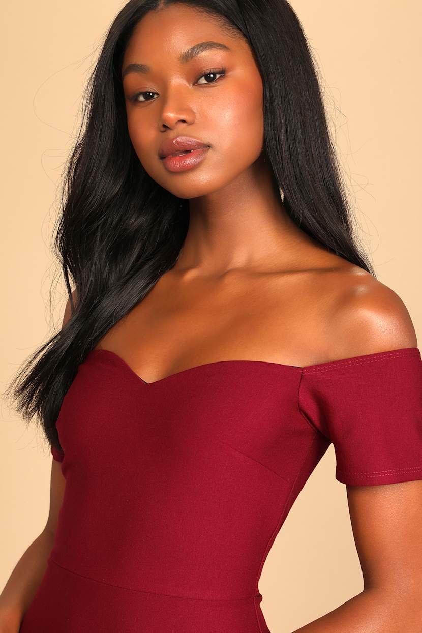 knee length dresses for ladies Modal Square-Neck Bodycon Midi Dress in Wine - L