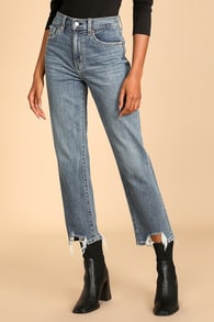 Straight Up Medium Wash High Rise Distressed Denim Jeans