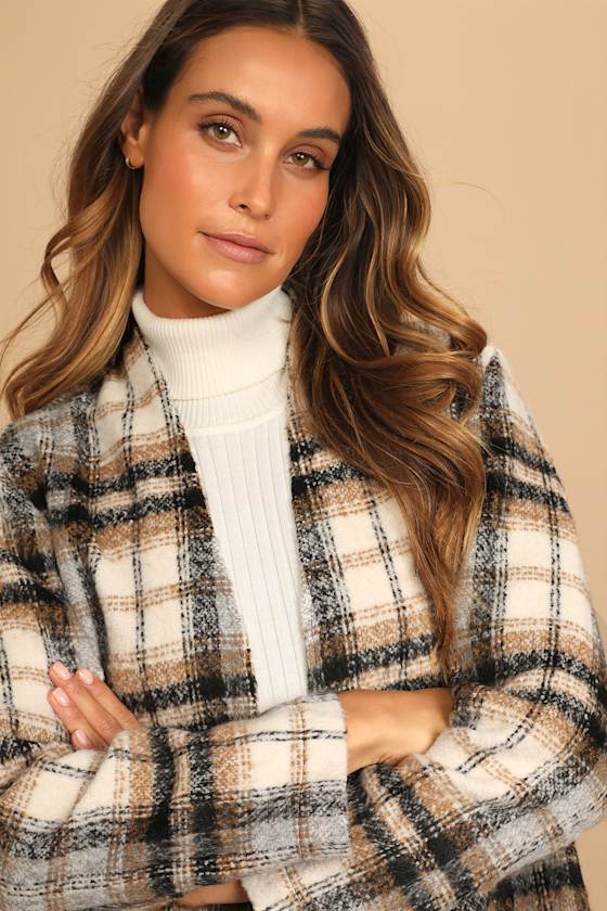 Beige Multi Jacket Plaid Jacket Plaid Shacket Fringe Jacket Lulus
