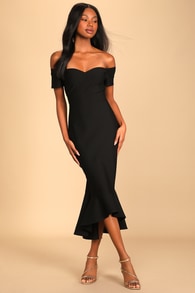 How Much I Care Black Off-the-Shoulder Midi Dress