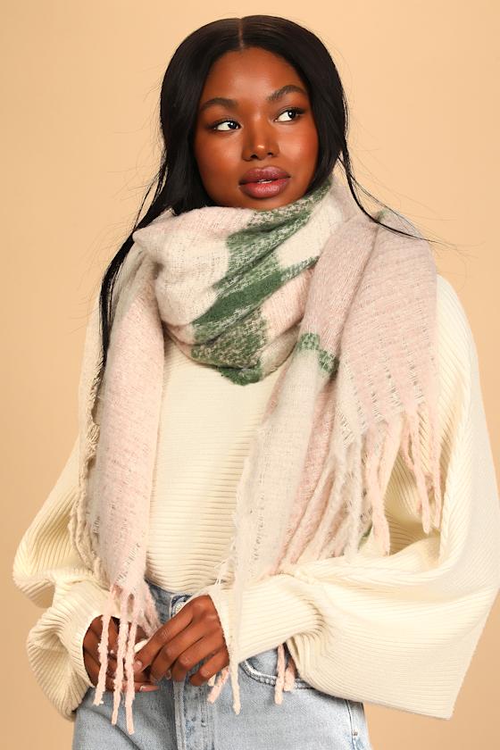 Petra Pink and Green Plaid Fringe Scarf 4