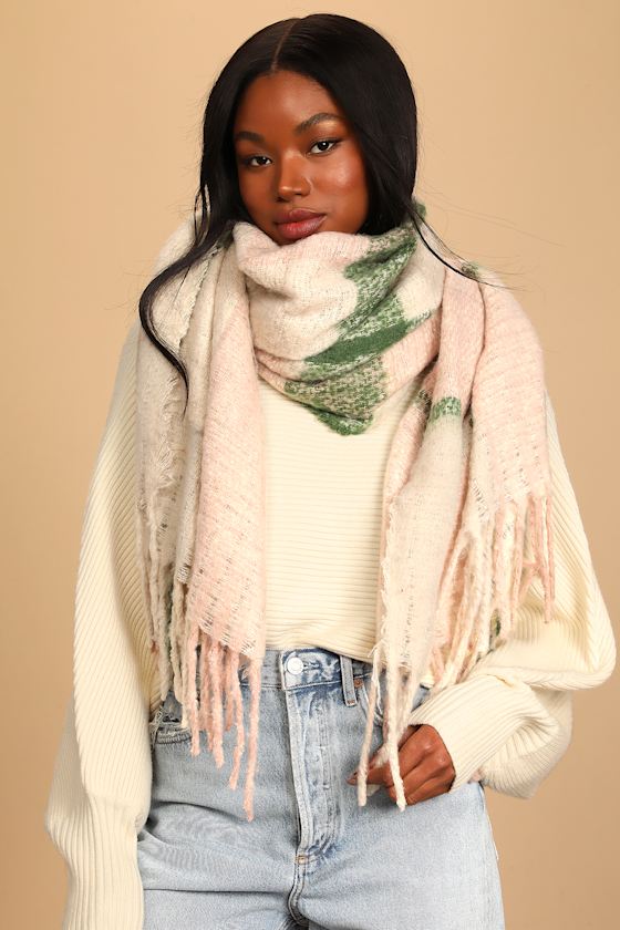Petra Pink and Green Plaid Fringe Scarf 3