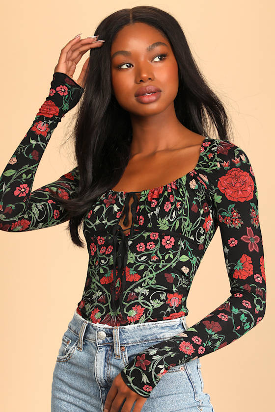 Make It Easy Black Floral Print Long Sleeve Cutout Top 1