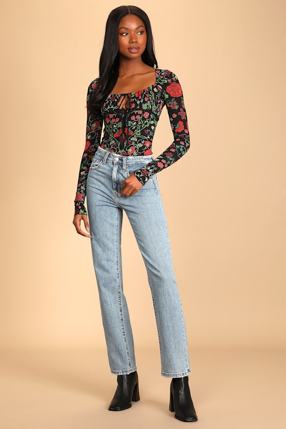 Make It Easy Black Floral Print Long Sleeve Cutout Top 2