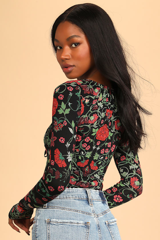 Free People Make It Easy Top - Black Floral Top - Long Sleeve Top