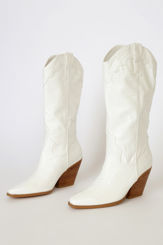 Caela White Crocodile-Embossed Knee-High Boots 3