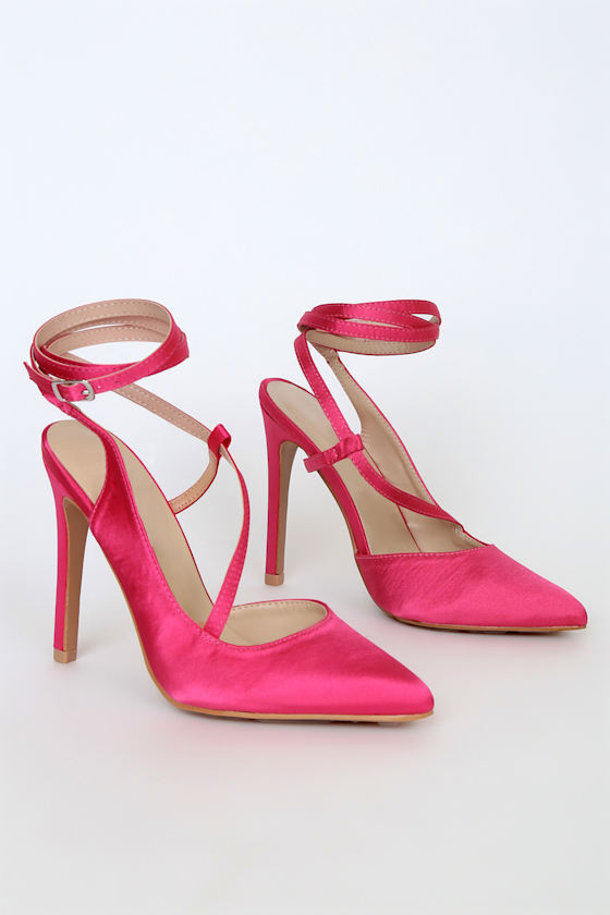Katreena Hot Pink Satin Pointed-Toe Lace-Up Heels 3