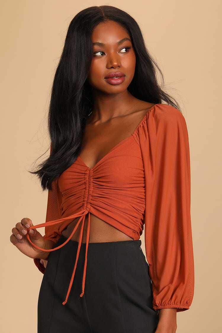 Orange Mesh Top - Drawstring Ruched Top - Long Sleeve Crop Top - Lulus