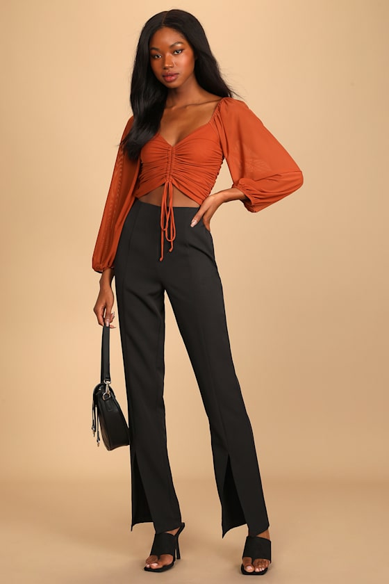 Completely Charmed Rust Orange Ruched Long Sleeve Crop Top 4