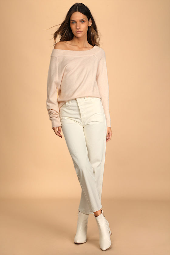 Don't Be Shy Cream Asymmetrical Off-the-Shoulder Sweater 4