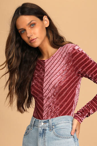 Save the Date Dusty Pink Velvet Striped Long Sleeve Bodysuit 6
