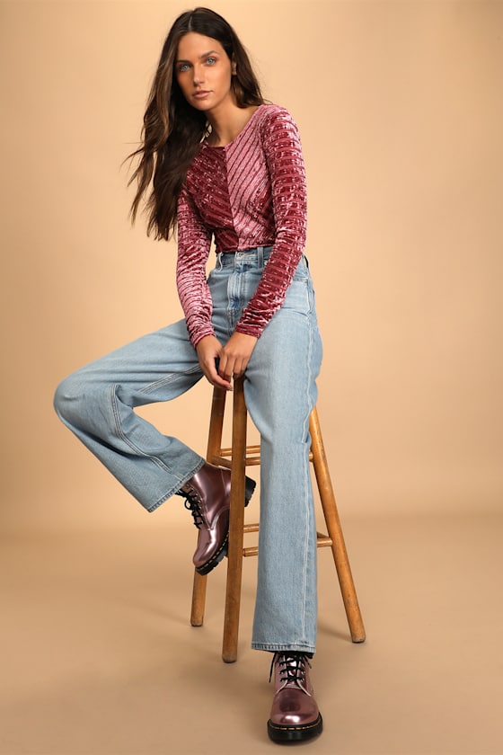 Save the Date Dusty Pink Velvet Striped Long Sleeve Bodysuit 7