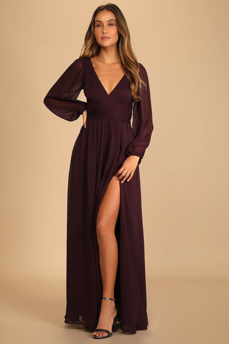 Dark Purple Maxi Dress - Long Sleeve Gown - V-Neck Maxi Dress - Lulus