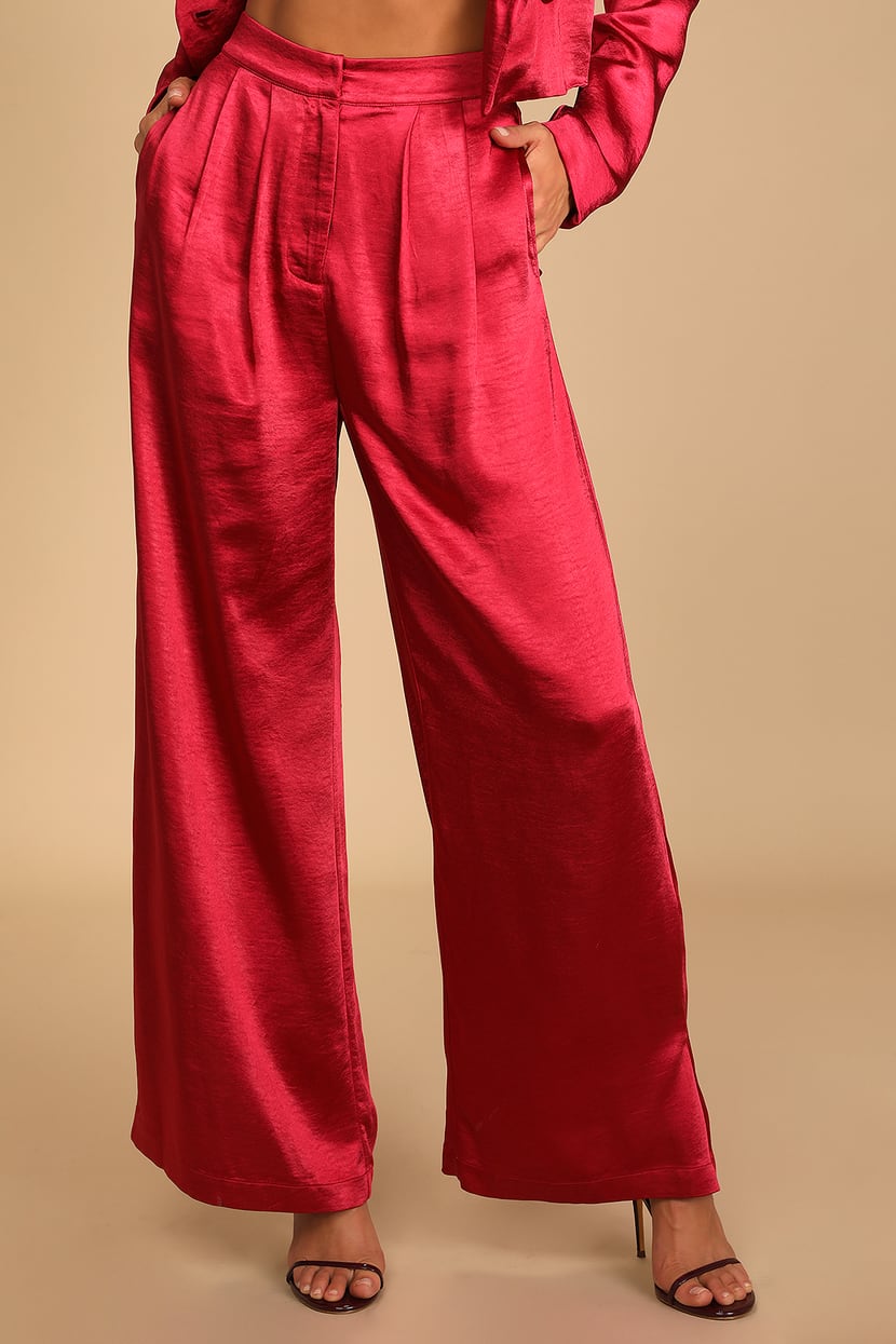 Berry Pants - Satin Trouser Pants - Pleated Wide-Leg Pants - Lulus