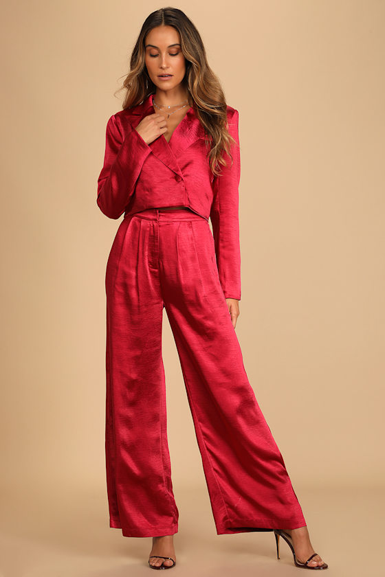 Berry Red Pants - Satin Trouser Pants - Pleated Wide-Leg Pants - Lulus