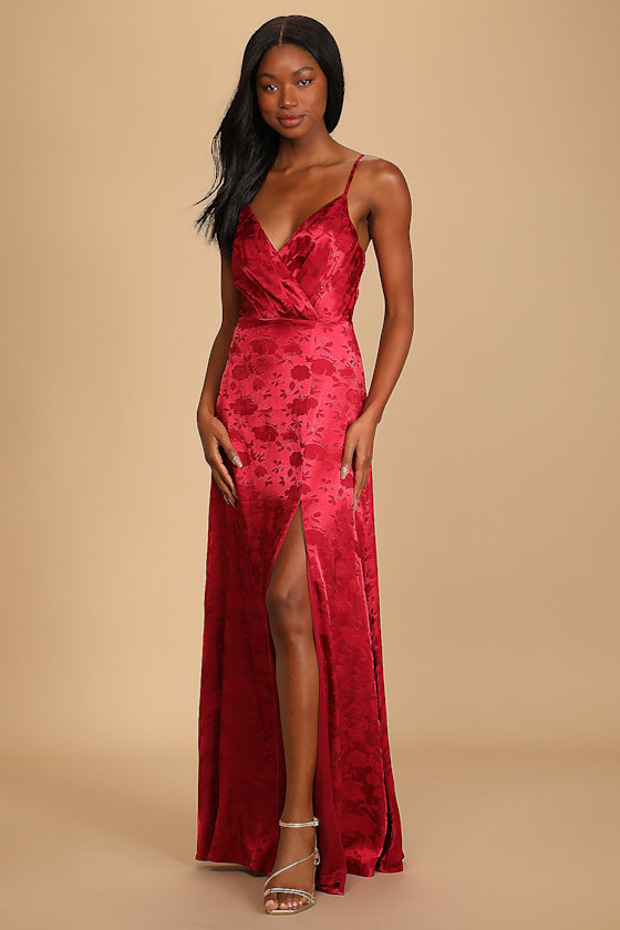 Radiant Refinement Burgundy Satin Jacquard Maxi Dress 3