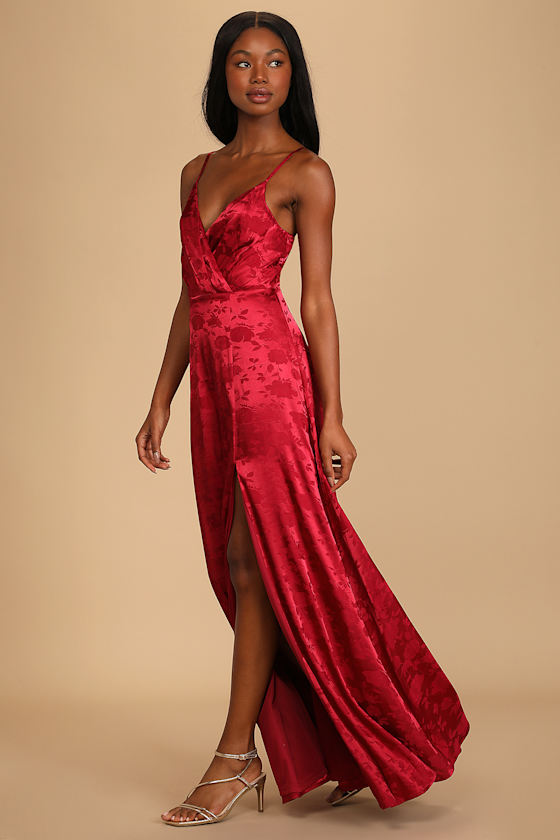 Radiant Refinement Burgundy Satin Jacquard Maxi Dress 4