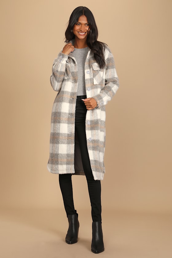 Ronnie Grey Multi Plaid Brushed Long Shacket 5
