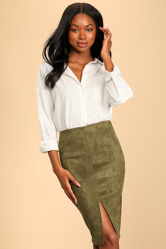 Total Allure Olive Green Suede Pencil Skirt 7
