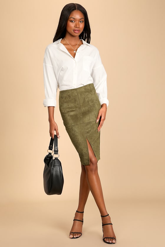 Total Allure Olive Green Suede Pencil Skirt 8